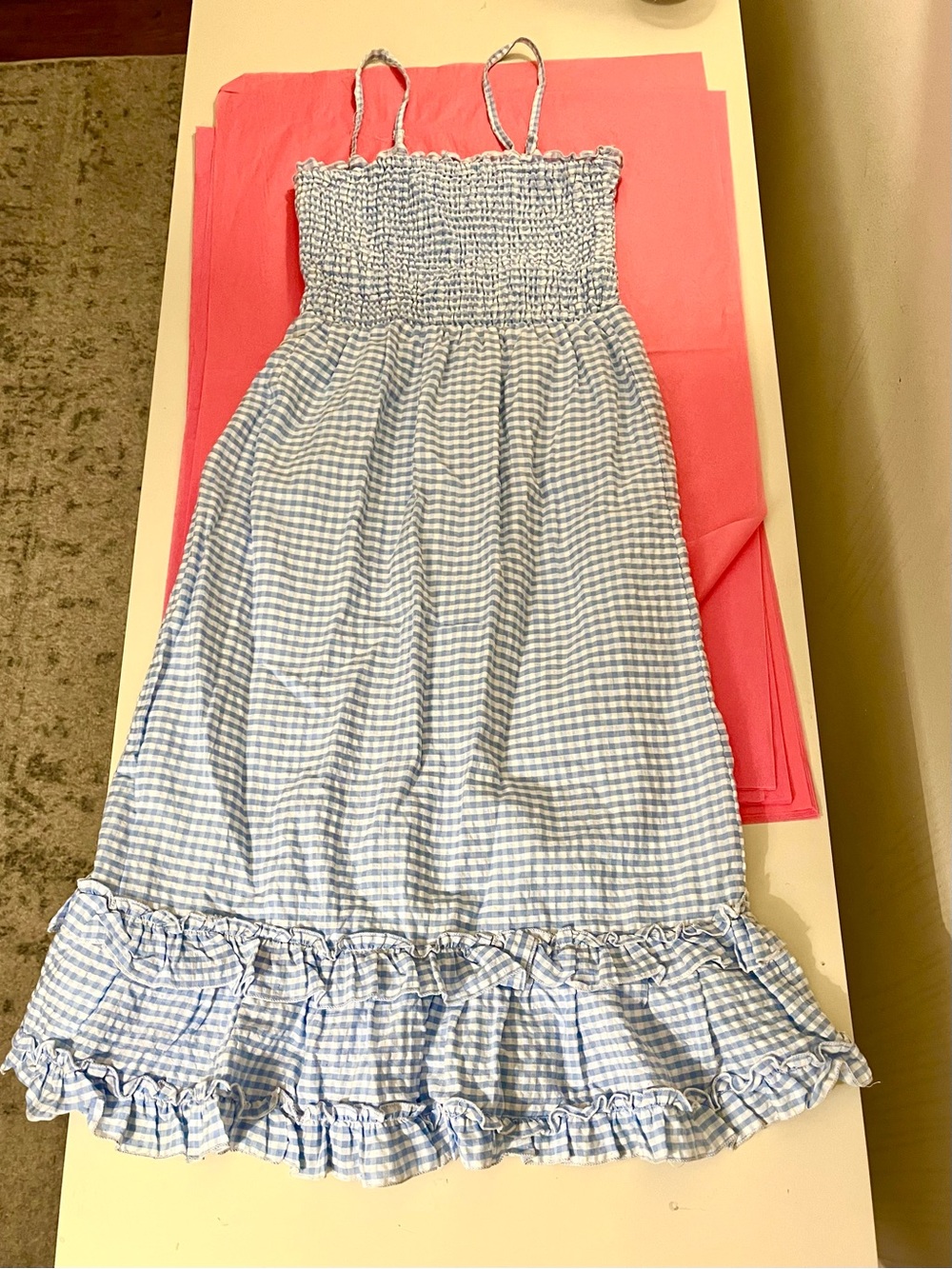 NWT. Sim and Sim Blue Gingham Smocked Midi Dress. Medium - Picture 2 of 7